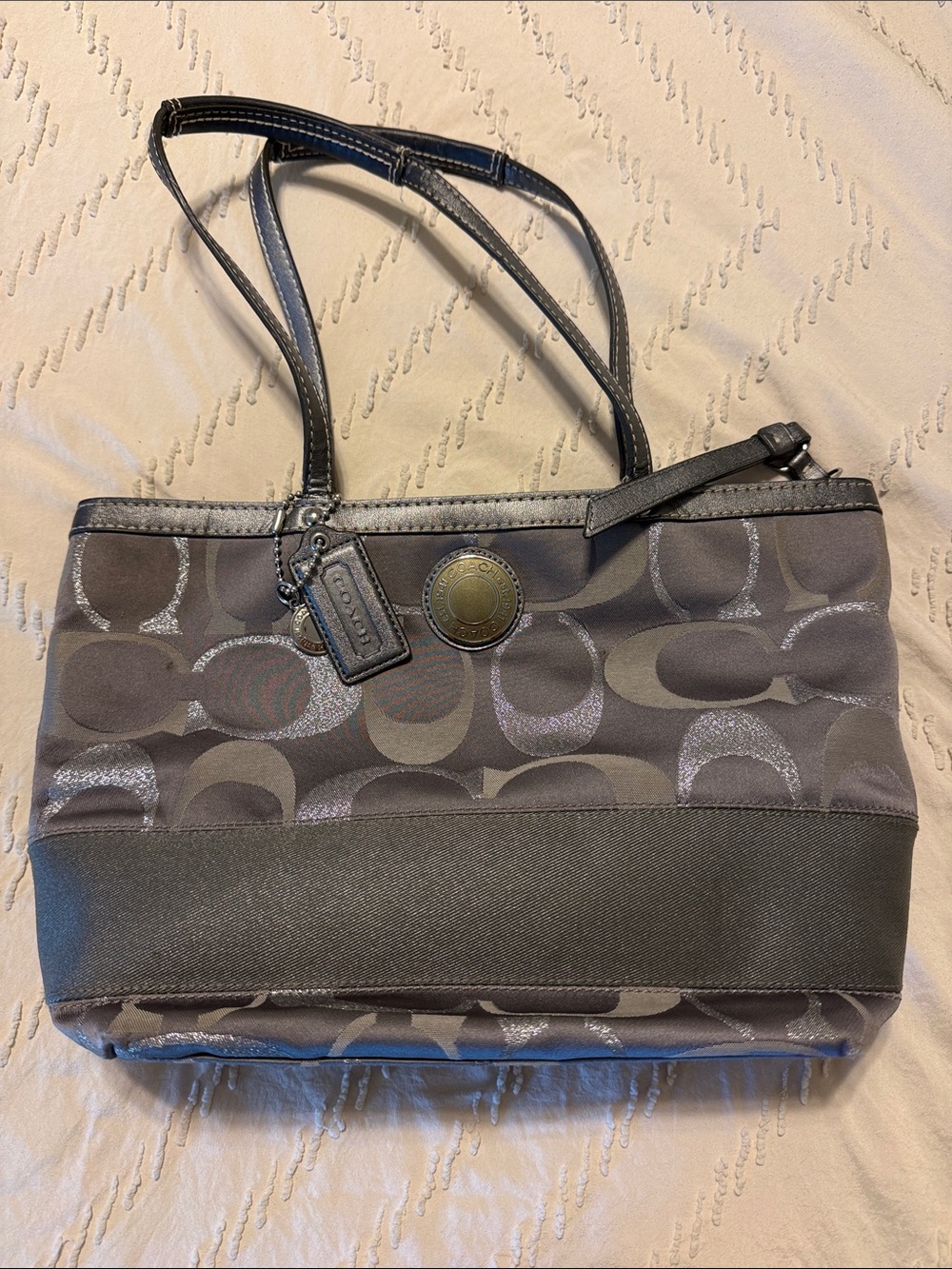 Coach Gray Signature Canvas Tote with Leather Trim